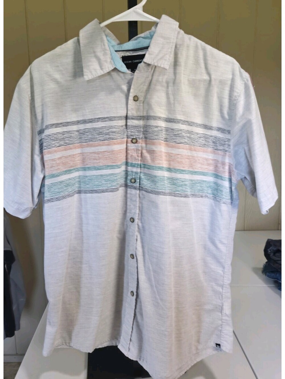 Ocean Current Men's M Gray/Blue/Pink Striped Short Sleeve Woven Button-Up